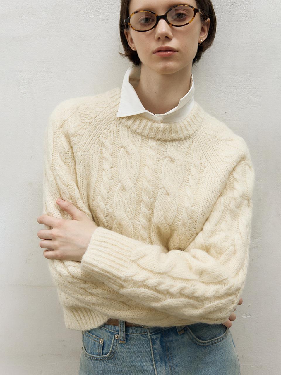 OSTKAKA Mohair Cable Knit Relaxed Pullover
