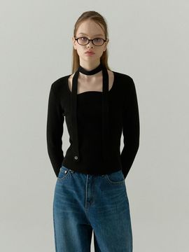 OSTKAKA wool blended wave neck pullover - black