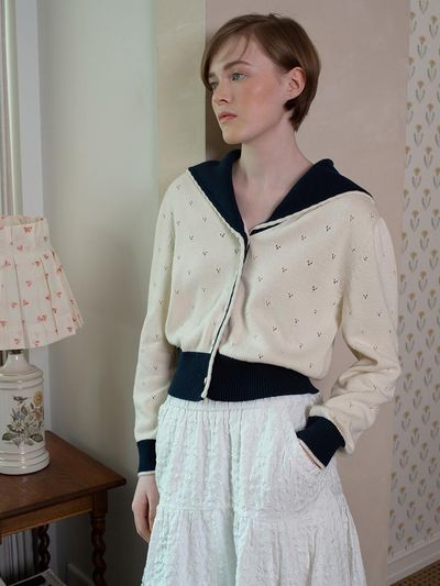 OTHEMENT by vocavaca Sailor Collar Eyelet Cardigan