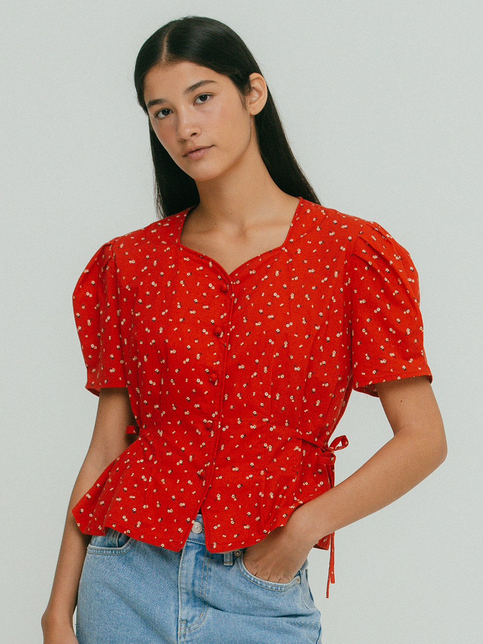 OTHEMENT by vocavaca Square Neck Floral Printed Blouse_Red