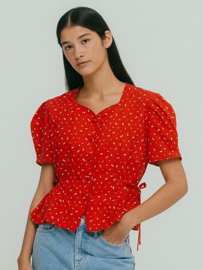 OTHEMENT by vocavaca Square Neck Floral Printed Blouse_Red