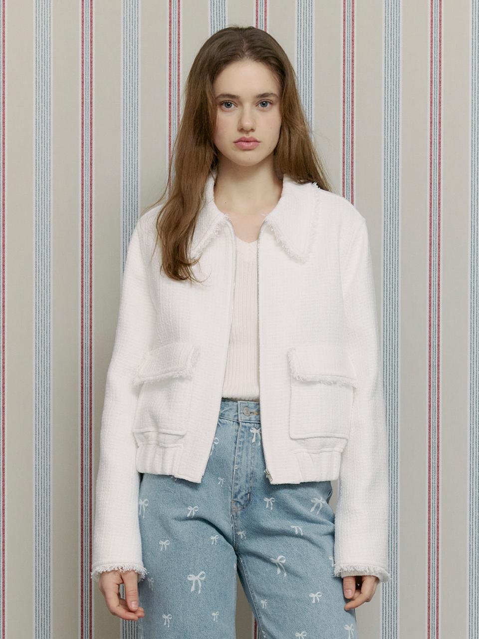OTHEMENT by vocavaca Tweed Cotton-Linen Fringe Zip-up Blouson Jacket (VC2512JP101M)