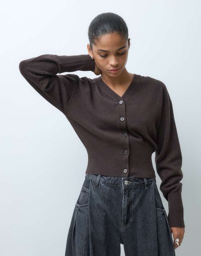 & Other Stories & Other Stories 100% wool cuffed sleeve v neck fitted cardigan with buttons in dark brown