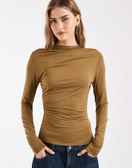 & Other Stories & Other Stories asymmetric ruched long sleeve jersey top in brown