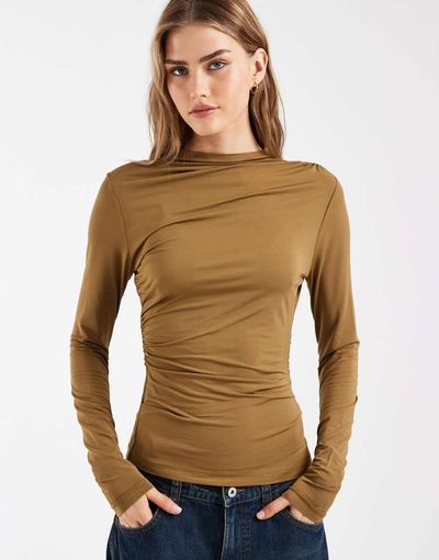 & Other Stories & Other Stories asymmetric ruched long sleeve jersey top in brown