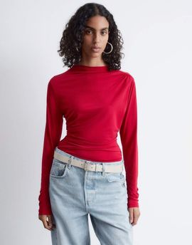 & Other Stories & Other Stories asymmetric ruched long sleeve jersey top in burgundy-Red