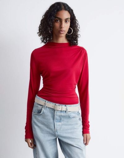 & Other Stories & Other Stories asymmetric ruched long sleeve jersey top in burgundy-Red