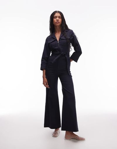 & Other Stories & Other Stories belted jumpsuit with patch pockets in navy blue-Black