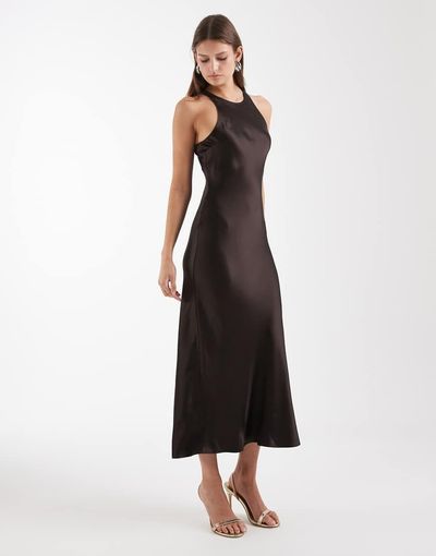 & Other Stories & Other Stories bias cut satin midi dress in chocolate bronze-Brown