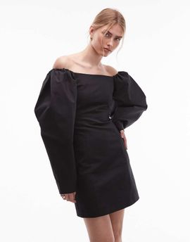 & Other Stories & Other Stories big volume sleeves off the shoulder fitted mini dress in black