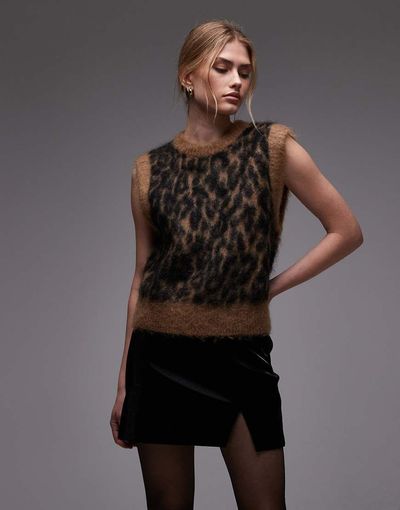 & Other Stories & Other Stories brushed hairy mohair merino wool blend knit vest in brown leopard print