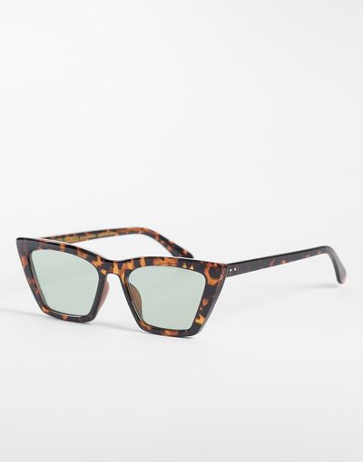 & Other Stories & Other Stories cat eye sunglasses in brown tortoise and green tinted lenses with linen pouch case
