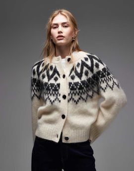 & Other Stories & Other Stories fluffy wool and mohair blend fair isle yarn jacquard print cardigan in white