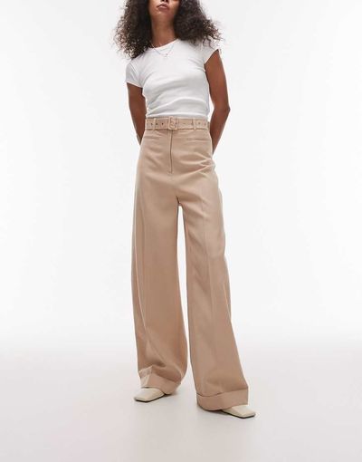 & Other Stories & Other Stories fluid wide leg pants with eyelet belt in beige-Neutral