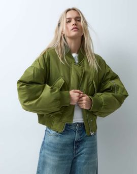 & Other Stories & Other Stories heavy padded nylon bomber in olive green