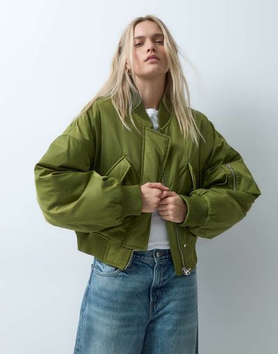 & Other Stories & Other Stories heavy padded nylon bomber in olive green