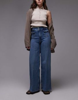 & Other Stories & Other Stories high rise wide leg jeans with double button waistband and pocket detail in mid wash blue