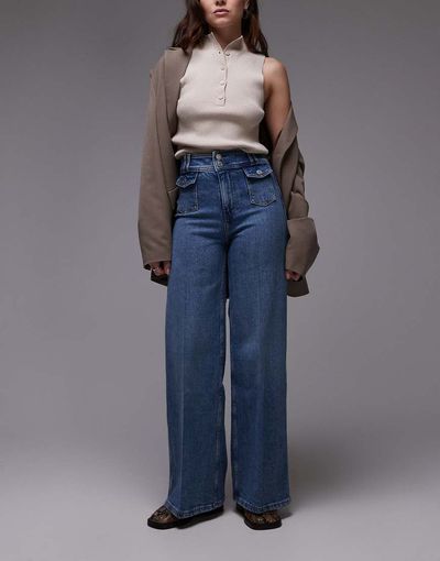 & Other Stories & Other Stories high rise wide leg jeans with double button waistband and pocket detail in mid wash blue