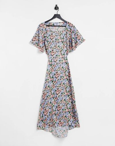 & Other Stories & Other Stories jacquard flutter sleeve open waist midi dress in floral - MULTI