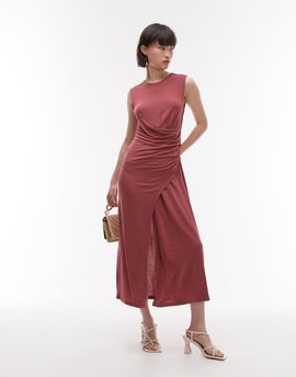 & Other Stories & Other Stories jersey midaxi dress with drape detail and asymmetric wrap front in pomegranate berry red