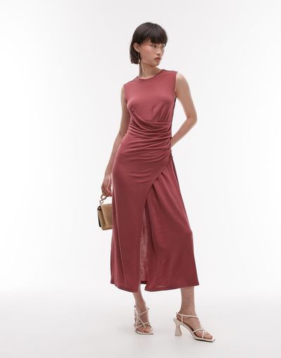 & Other Stories & Other Stories jersey midaxi dress with drape detail and asymmetric wrap front in pomegranate berry red