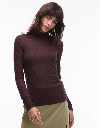 & Other Stories & Other Stories jersey second skin long sleeve top in brown jacquard