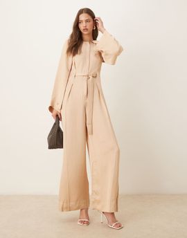 & Other Stories & Other Stories jumpsuit with half belt detail and split sleeves in beige-Neutral