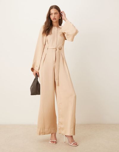 & Other Stories & Other Stories jumpsuit with half belt detail and split sleeves in beige-Neutral