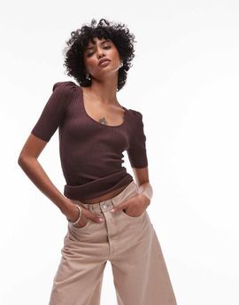 & Other Stories & Other Stories knit mixed rib top with scoop neck and puff sleeves in brown