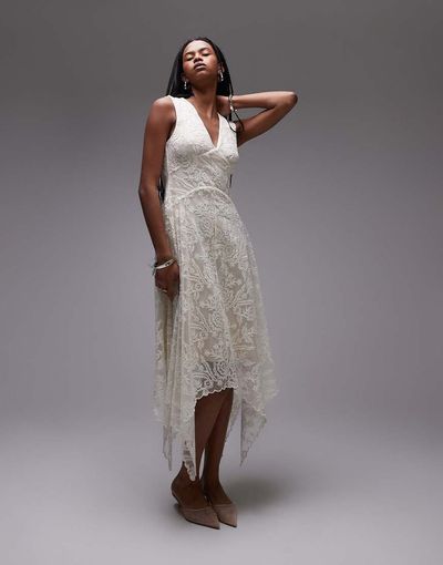 & Other Stories & Other Stories lace midaxi dress with dropped waist and handkerchief hem in off white