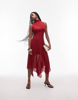 & Other Stories & Other Stories layered sheer chiffon midaxi dress with open tie back and handkerchief hem in red