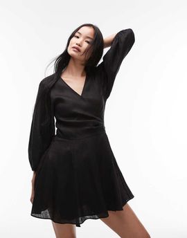 & Other Stories & Other Stories linen wrap front mini dress with puff sleeves in black