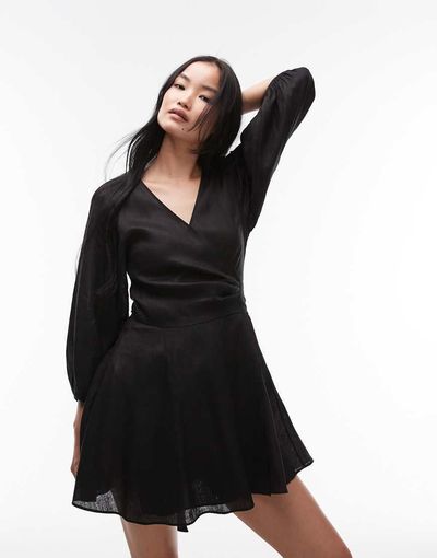 & Other Stories & Other Stories linen wrap front mini dress with puff sleeves in black