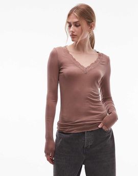 & Other Stories & Other Stories long sleeve deep v neck lace trim top in brown