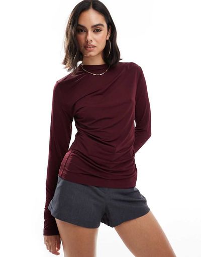 & Other Stories & Other Stories long sleeve mock neck top with ruche detail in burgundy-Red