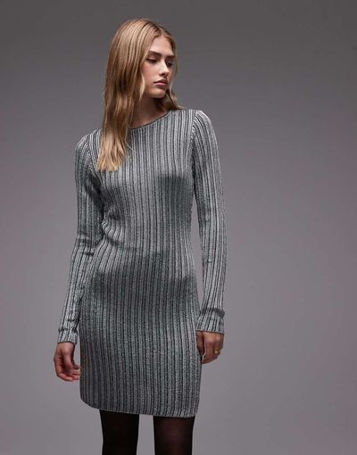 & Other Stories & Other Stories long sleeve ribbed jersey mini dress in black and silver
