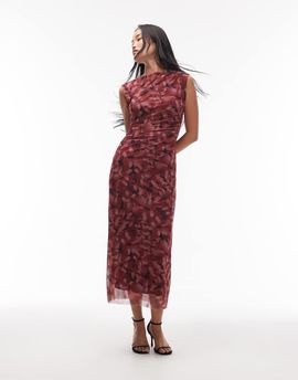 & Other Stories & Other Stories mesh midi dress with drape detail in burgundy-Red