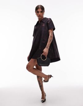 & Other Stories & Other Stories metallic jacquard mini swing dress with collar in tonal butterfly pattern-Navy