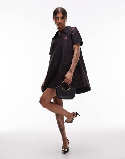 & Other Stories & Other Stories metallic jacquard mini swing dress with collar in tonal butterfly pattern-Navy
