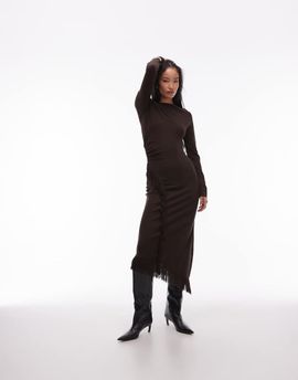 & Other Stories & Other Stories midaxi dress with fringe wrap asymmetric hem in dark brown