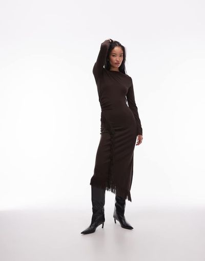 & Other Stories & Other Stories midaxi dress with fringe wrap asymmetric hem in dark brown