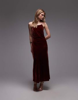& Other Stories & Other Stories midi strap velvet chiffon dress in dark red burgundy
