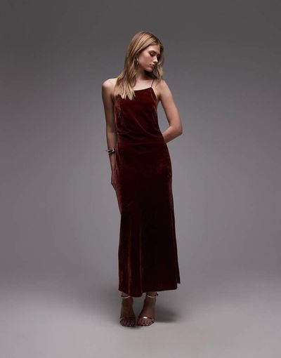 & Other Stories & Other Stories midi strap velvet chiffon dress in dark red burgundy