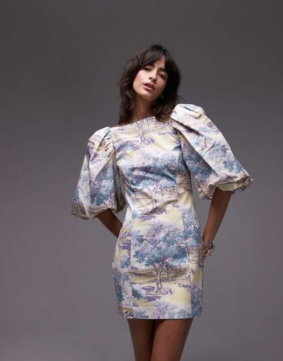 & Other Stories & Other Stories mini dress with puff sleeves and low back in vintage landscape print-Multi
