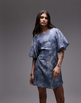 & Other Stories & Other Stories mini dress with puff sleeves with tie-back belt in blue floral print