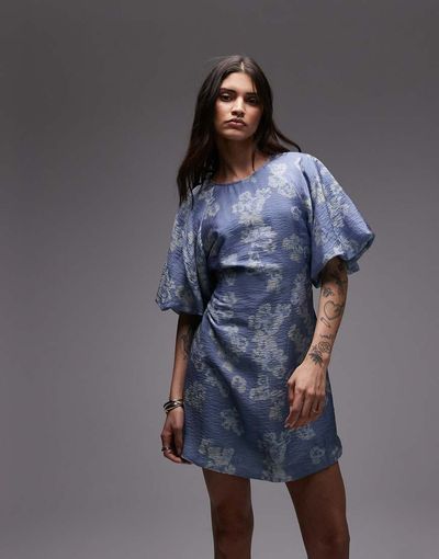 & Other Stories & Other Stories mini dress with puff sleeves with tie-back belt in blue floral print
