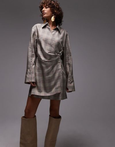 & Other Stories & Other Stories mini shirt dress with ruche wrap front in gray stripe-Black