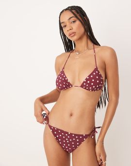 & Other Stories & Other Stories mix and match side tie bikini bottoms in burgundy and white polka dot print-Red