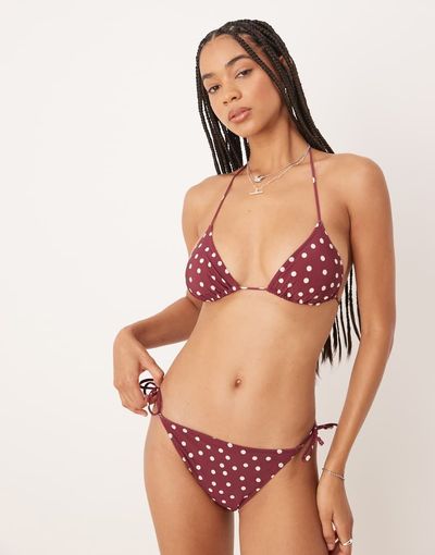 & Other Stories & Other Stories mix and match side tie bikini bottoms in burgundy and white polka dot print-Red