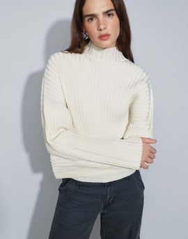 & Other Stories & Other Stories plissé knit funnel neck sweater in cream-White